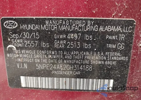 2016 Hyundai Sonata Se z USA, uszkodzony, nr VIN 5NPE24AF2GH314188